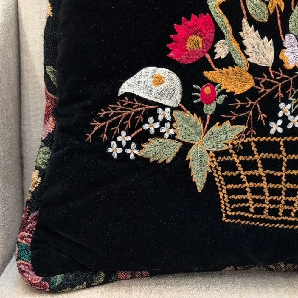 Vintage Black Velvet Floral Embroidered Throw Accent Pillow Floral Tapestry Back